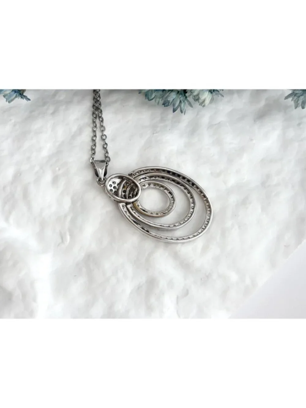 Triple Oval Sterling Silver Pave Bridal 925 Vintage Pendant Necklace - 18